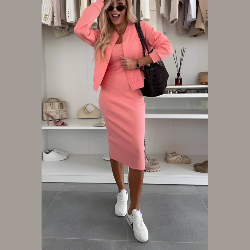 Women's midi dress and cardigan set in pink