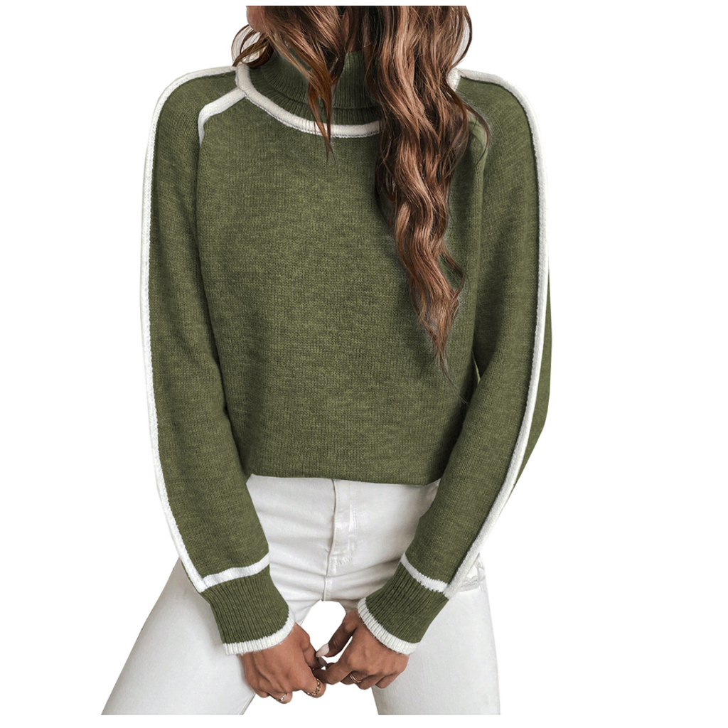 Women's dark green mock neck sweater with contrast piping