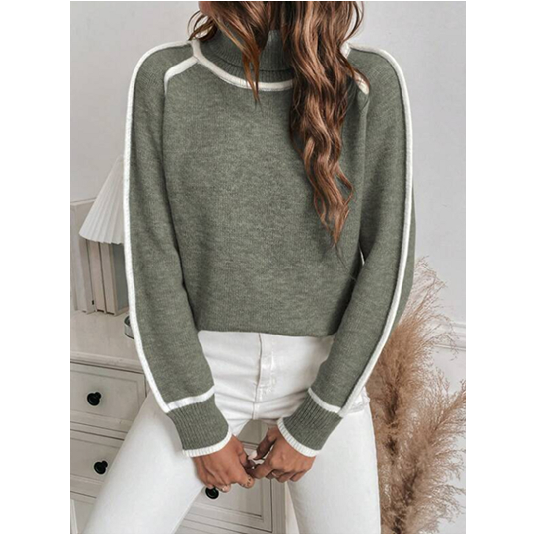 Women's sage green sweater with white piping