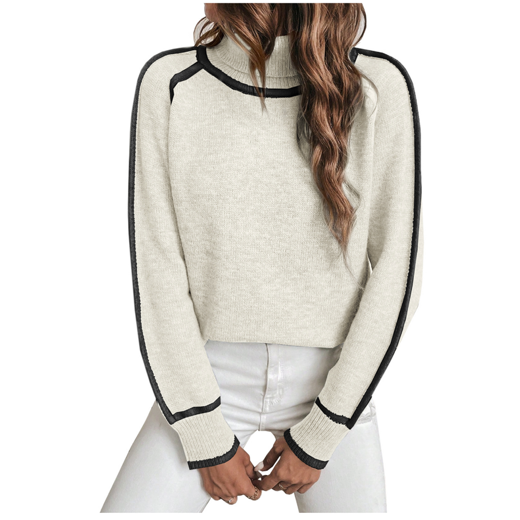 Women's white mock neck sweater with black contrast piping