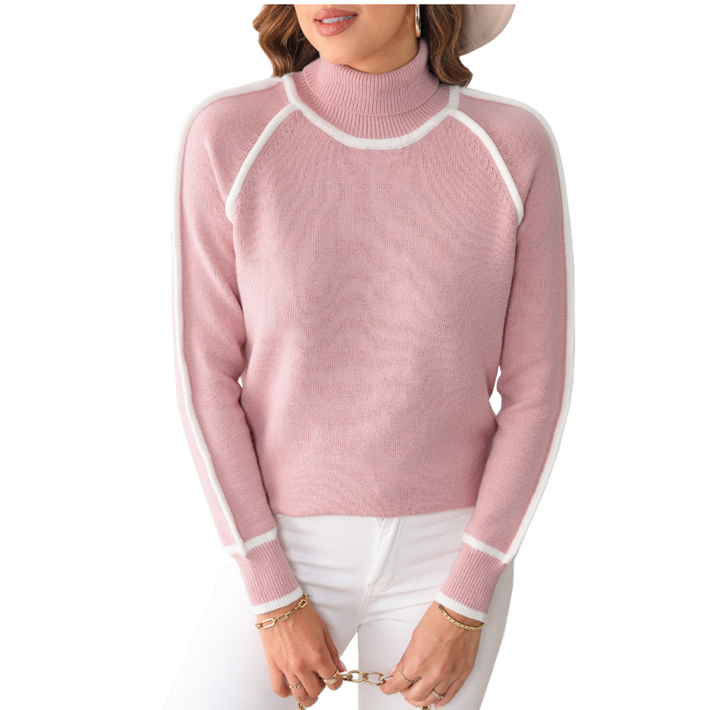 Women's pink mock neck sweater with contrast piping