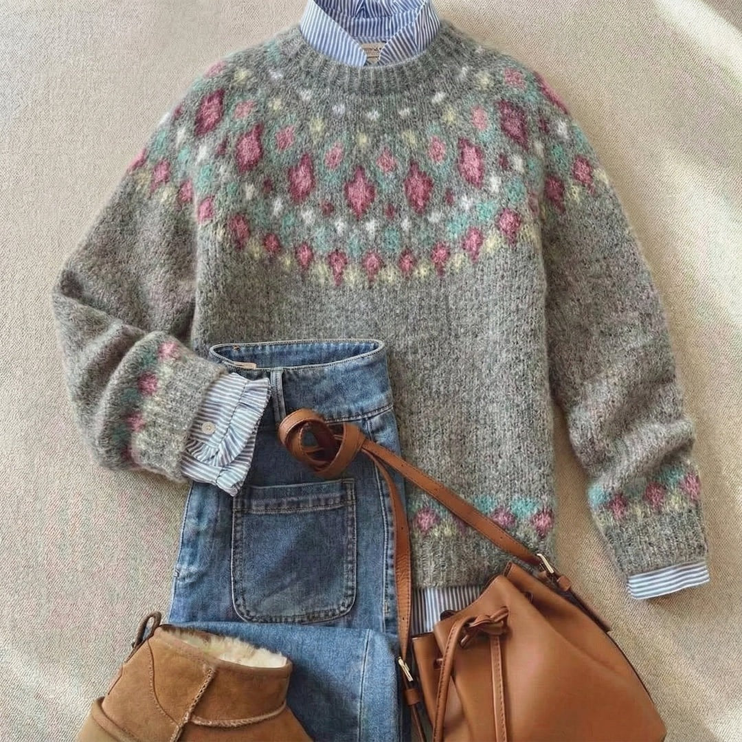 Women's nordic pattern yoke sweater in soft grey