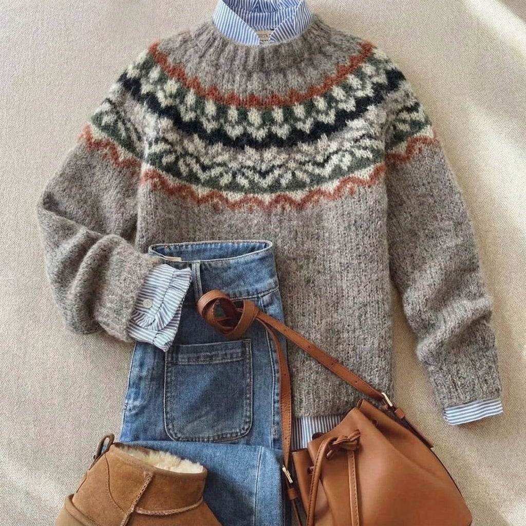 Women's nordic pattern yoke sweater in light grey