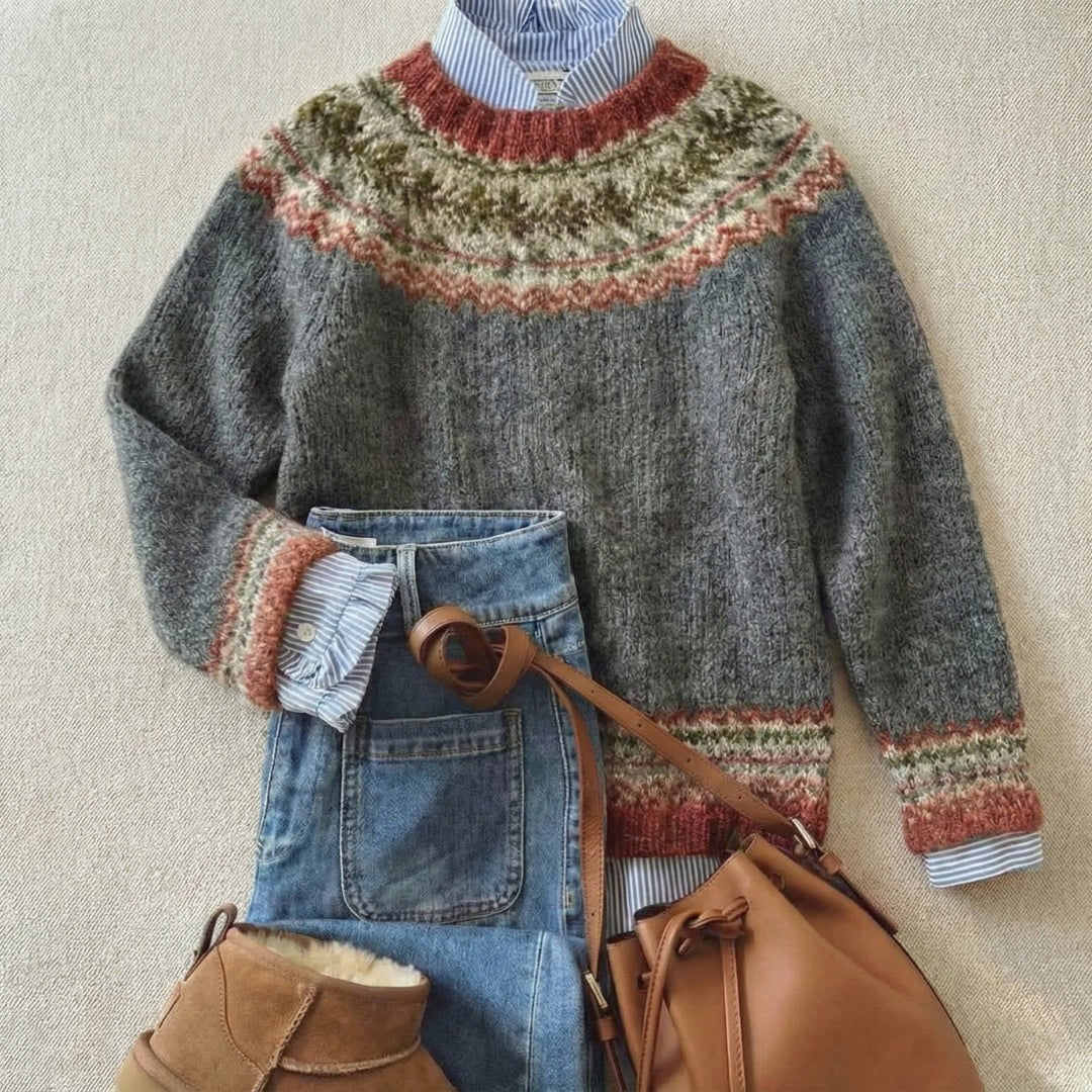 Women's nordic pattern yoke sweater in dark grey