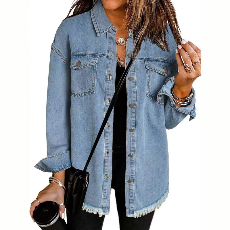 Women's oversized denim shirt jacket in light blue