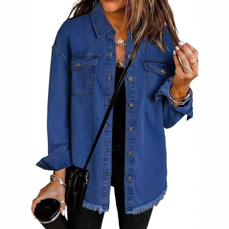 Women's oversized denim shirt jacket in dark blue