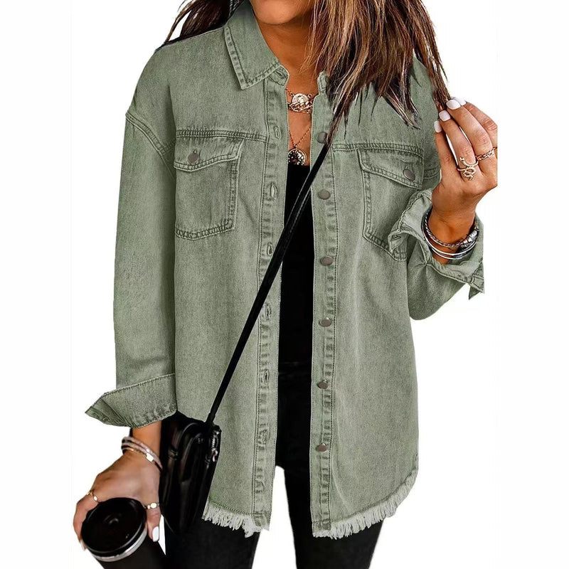 Women's oversized denim shirt jacket in olive green