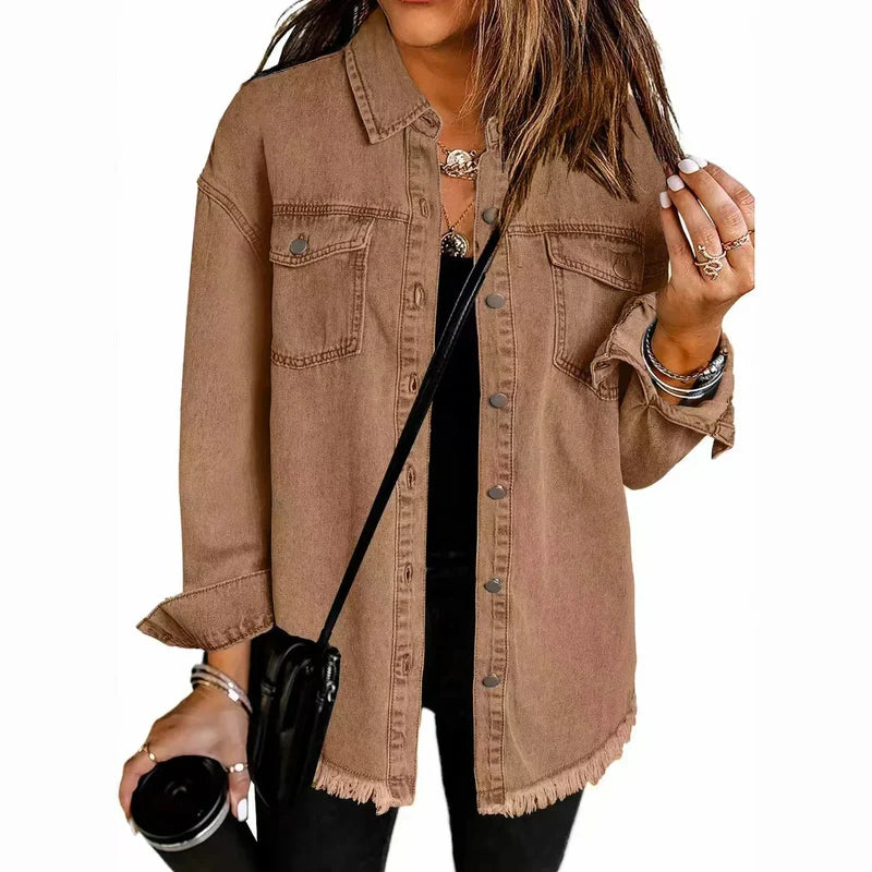 Women's oversized denim shirt jacket in brown