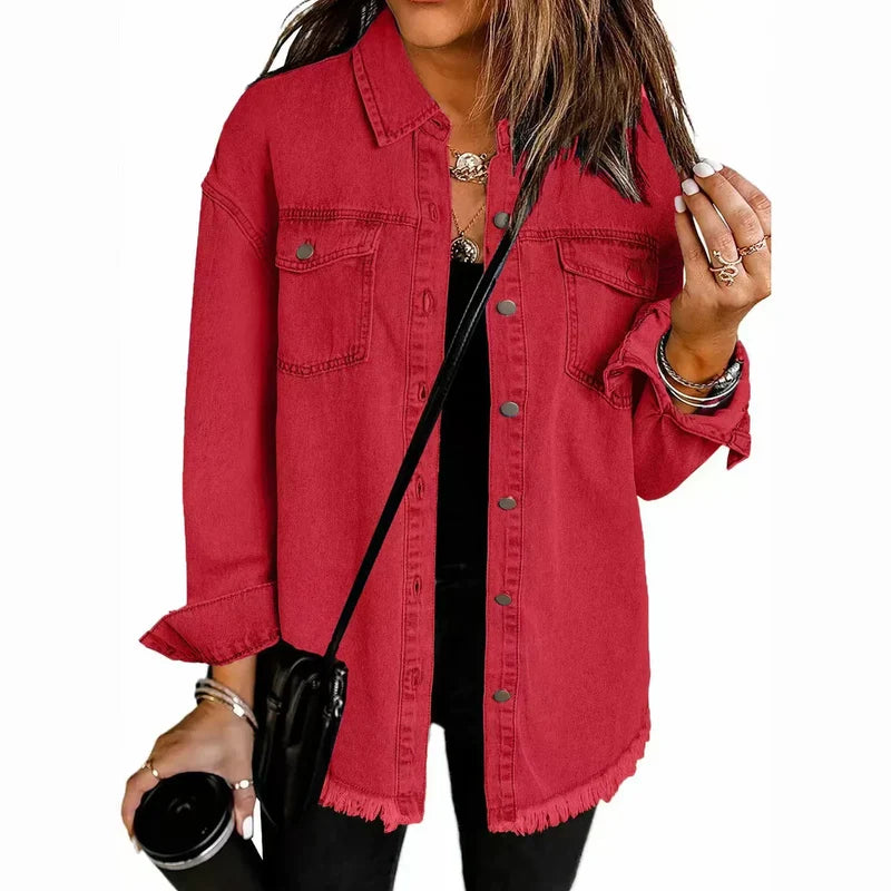 Women's oversized denim shirt jacket in red