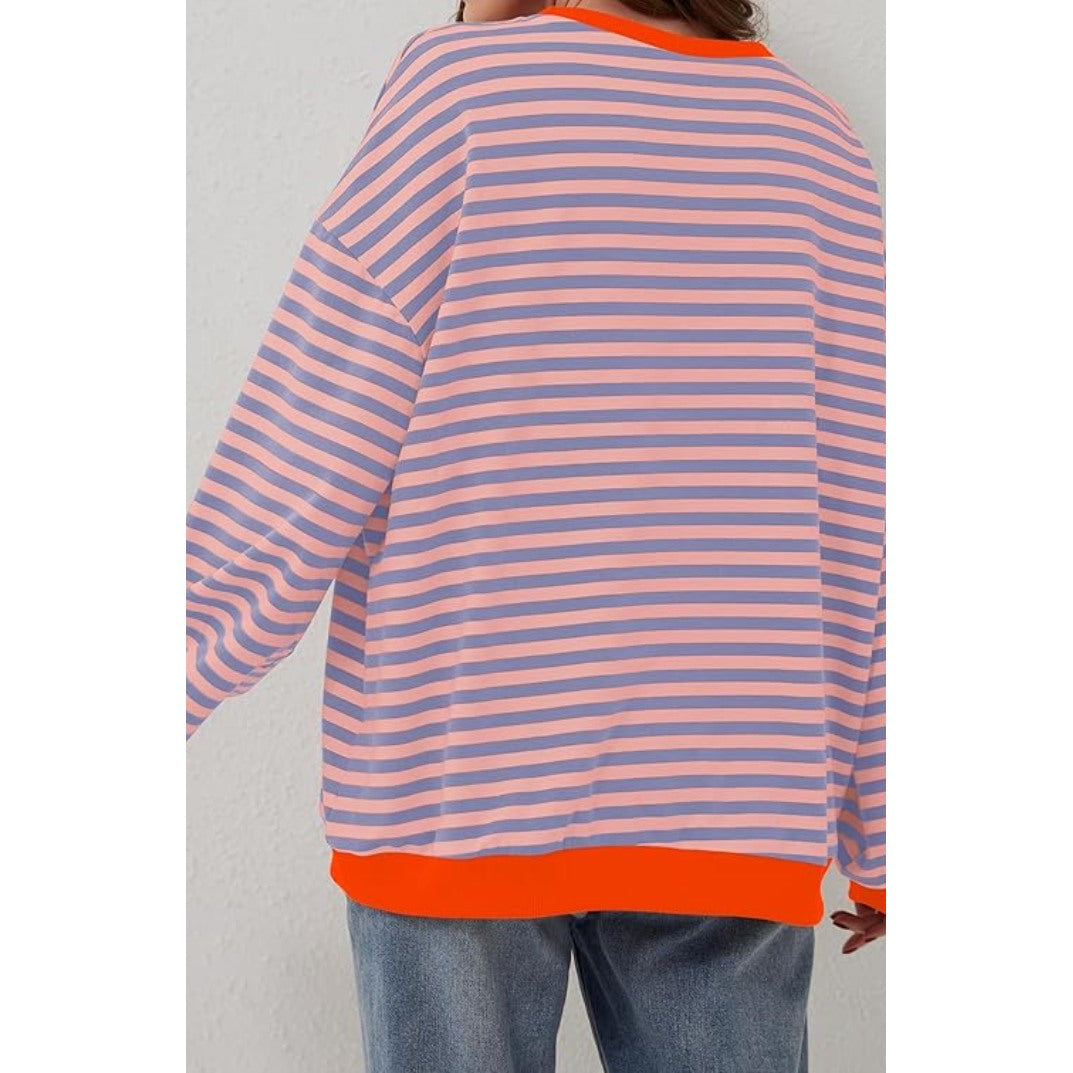 Women's oversized striped sweater in pink stripe, back view