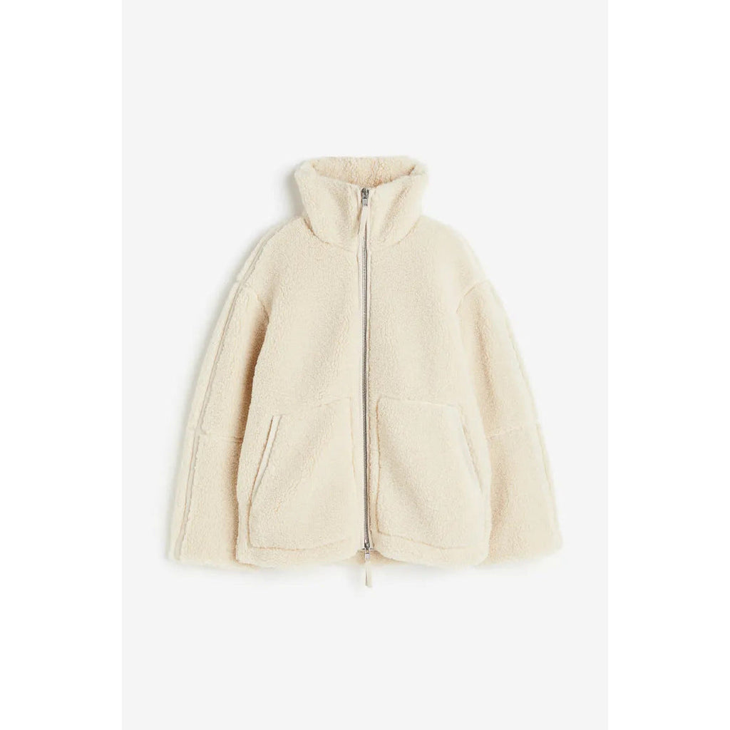 Women's cream oversized teddy zip jacket – front view