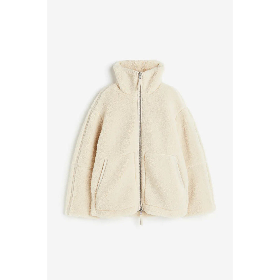 Women's cream oversized teddy zip jacket – front view