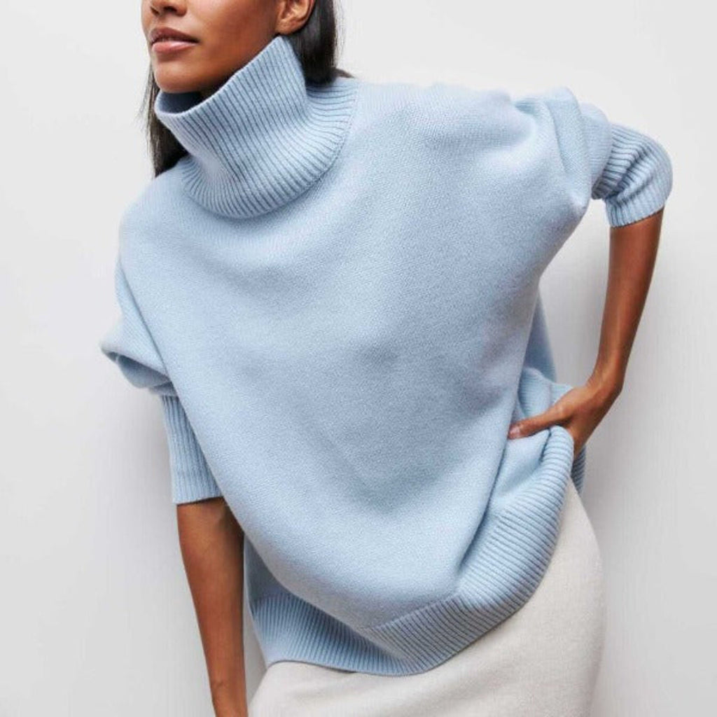 Women's sky blue oversized turtleneck sweater