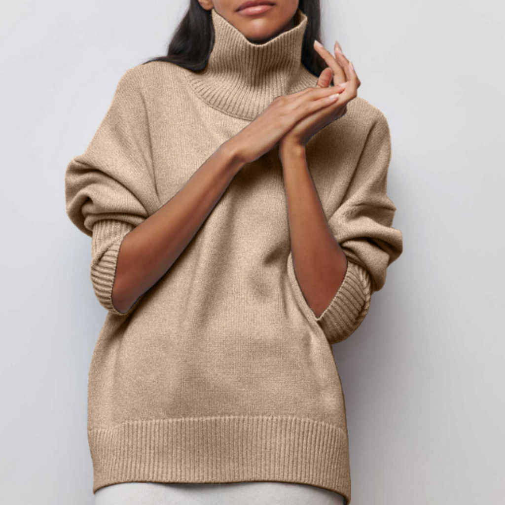 Women's beige oversized turtleneck knit sweater