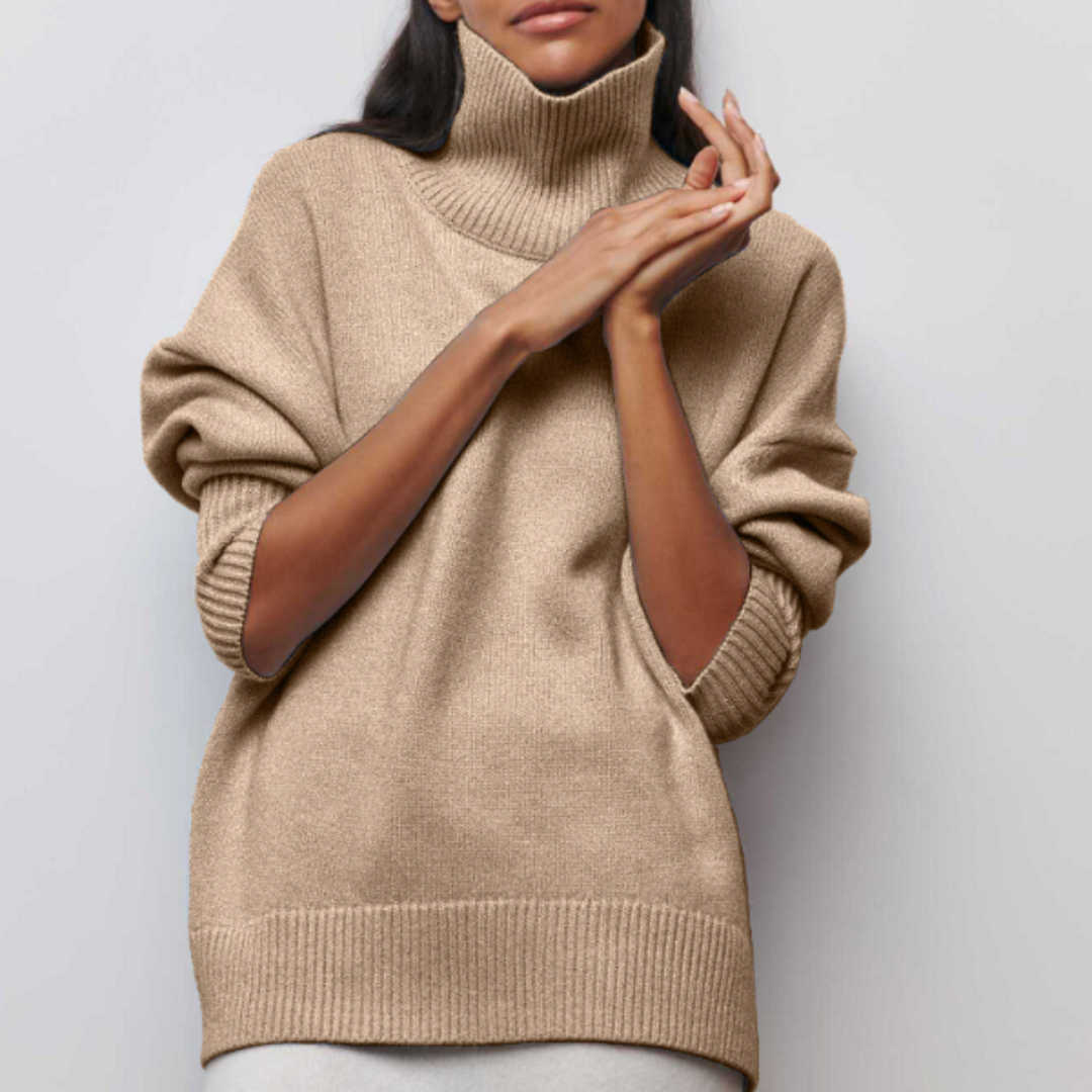 Women's beige oversized turtleneck knit sweater