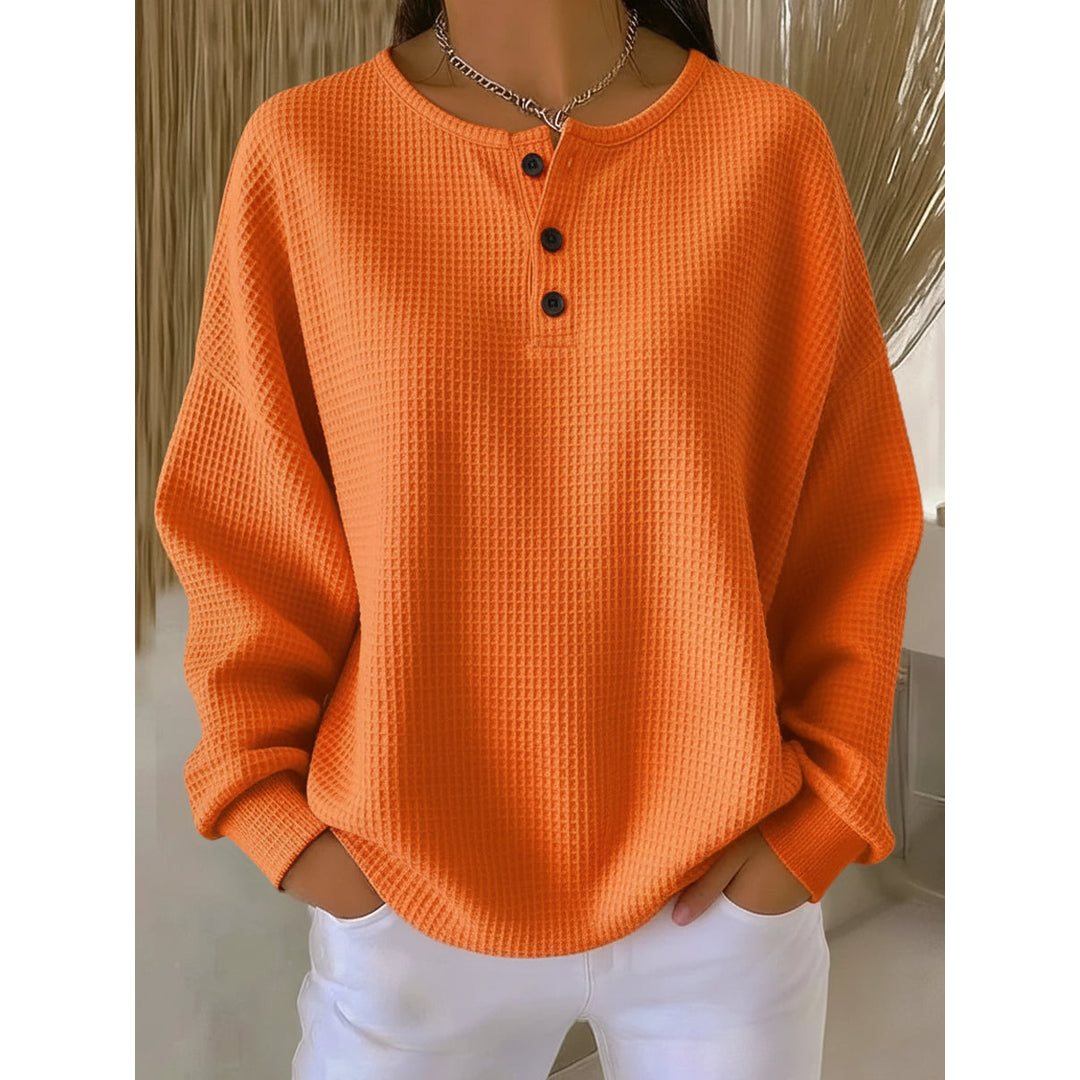 Women's oversized waffle henley pullover in orange