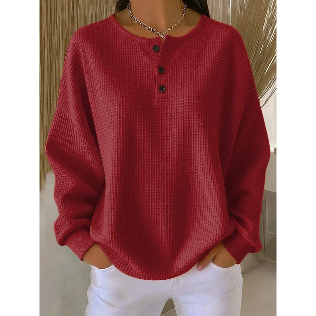 Women's red oversized waffle henley pullover