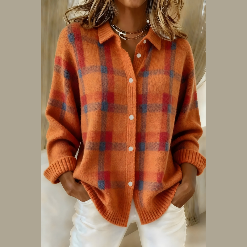 Women's Plaid Knit Cardigan with Shirt Collar for Autumn Days