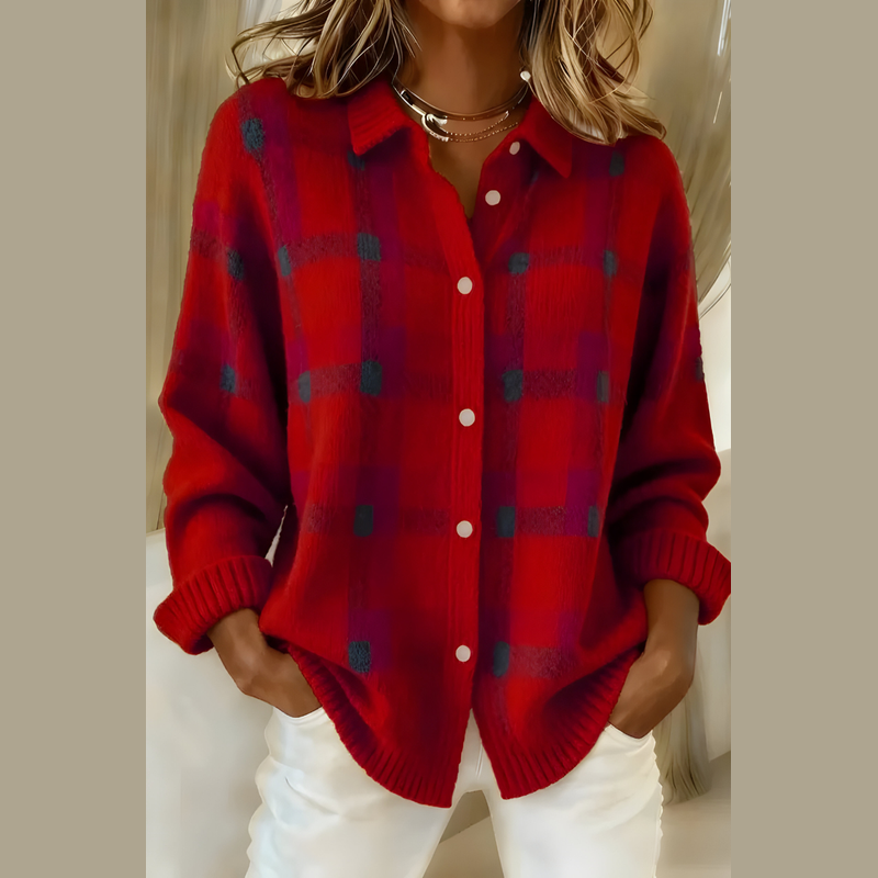 Women's plaid knit cardigan in red