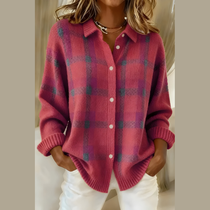 Women's plaid knit cardigan in pink