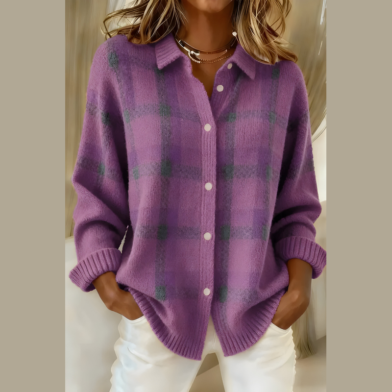 Women's plaid knit cardigan in purple