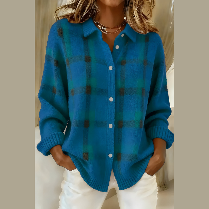 Women's plaid knit cardigan in blue