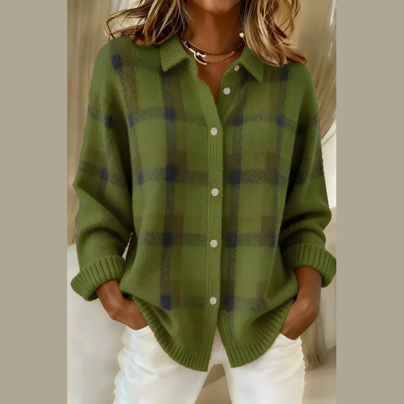 Women's plaid knit cardigan in green