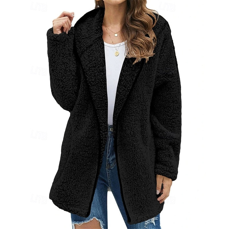 Women's plush hooded jacket in black