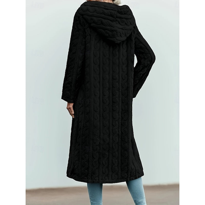 Women's black hooded longline coat – back view