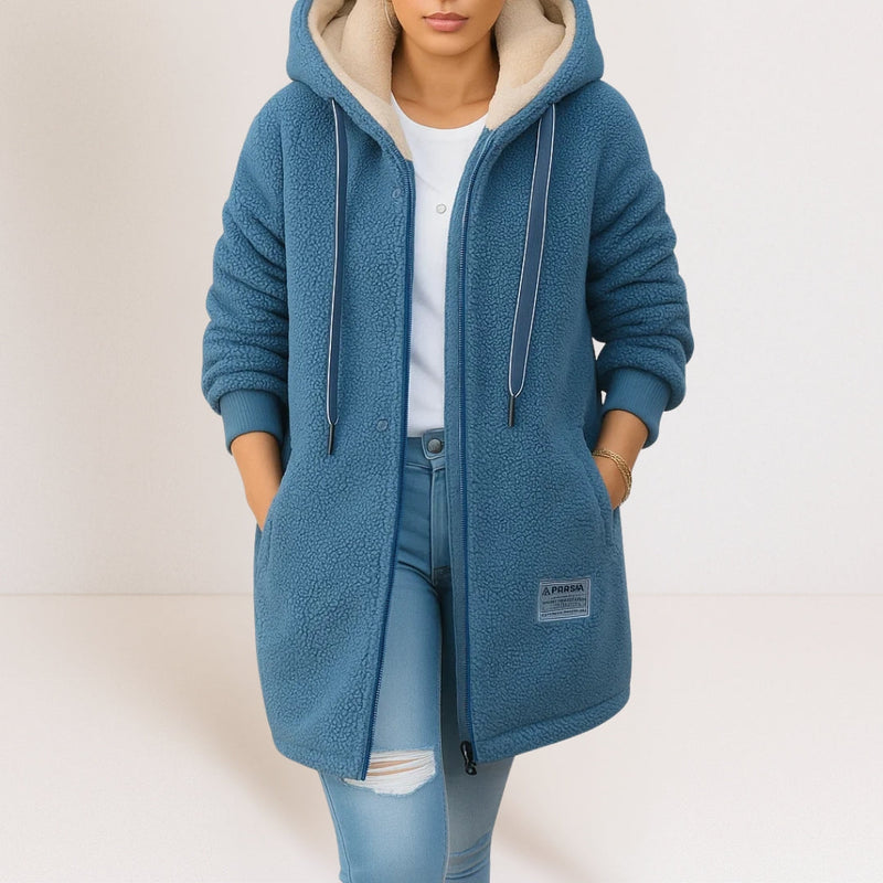 Women's plush hooded longline jacket in blue