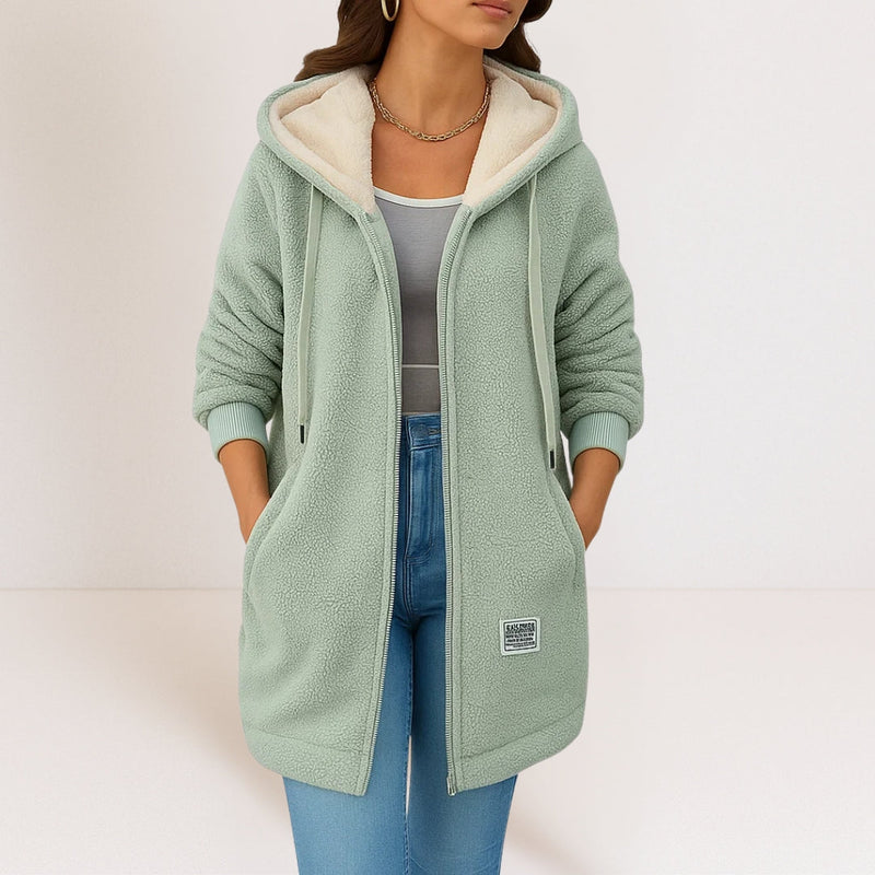 Women's plush hooded longline jacket in green