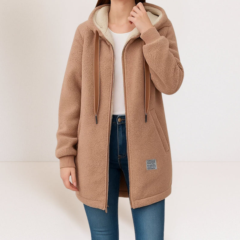 Women's plush hooded longline jacket in brown