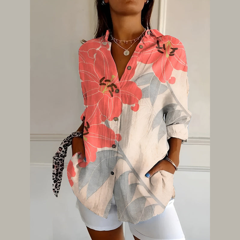Woman wearing the coral print shirt blouse – side view