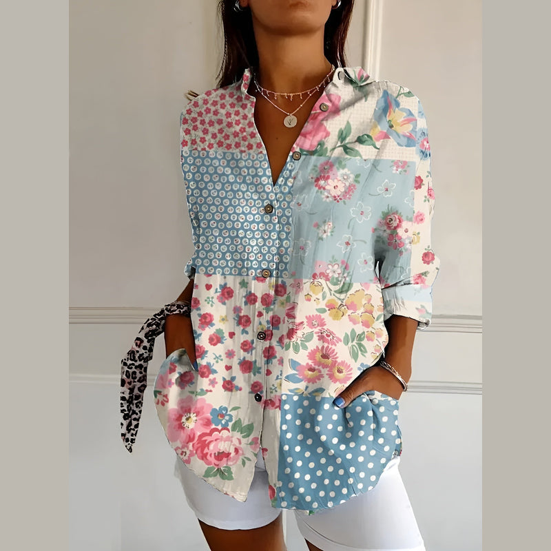 Women's printed shirt blouse in blue patchwork