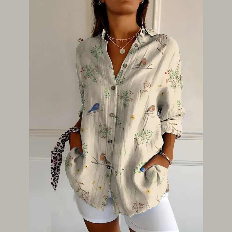 Women's printed shirt blouse in beige print