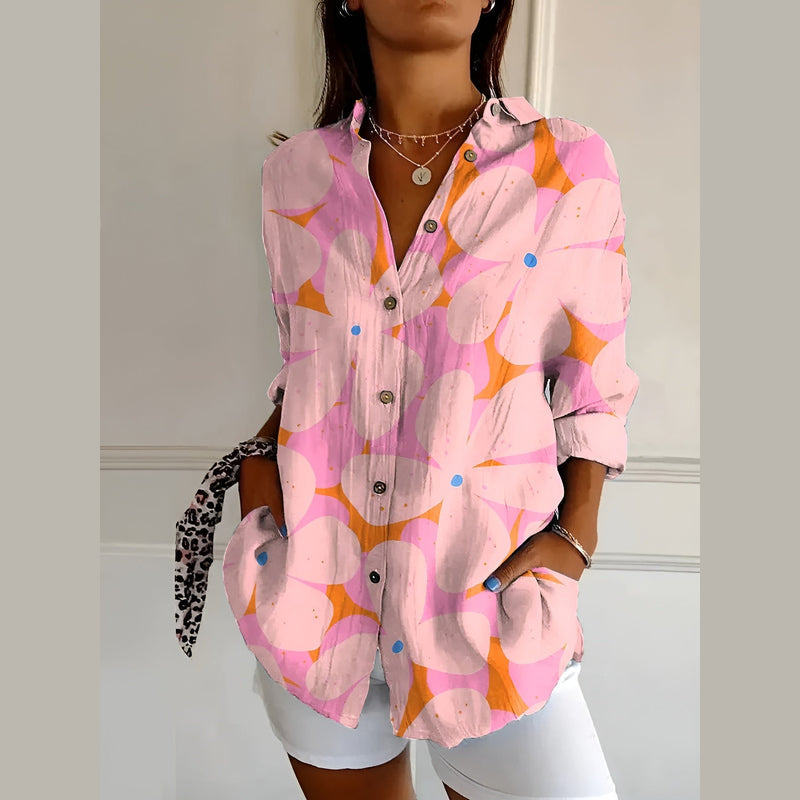Woman wearing the pink floral shirt blouse – side view