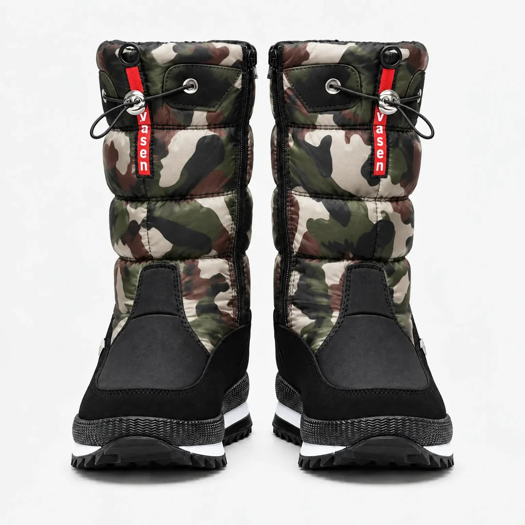 Women's green camo quilted snow boots