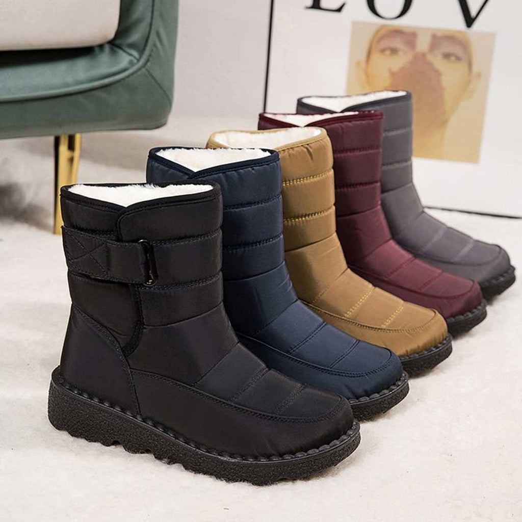 Women's quilted snow boots in black, navy, khaki, burgundy and grey