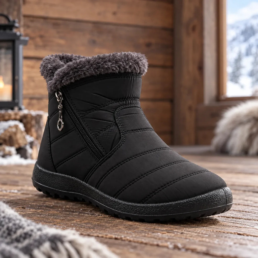 Women's black quilted winter boot by the fireplace