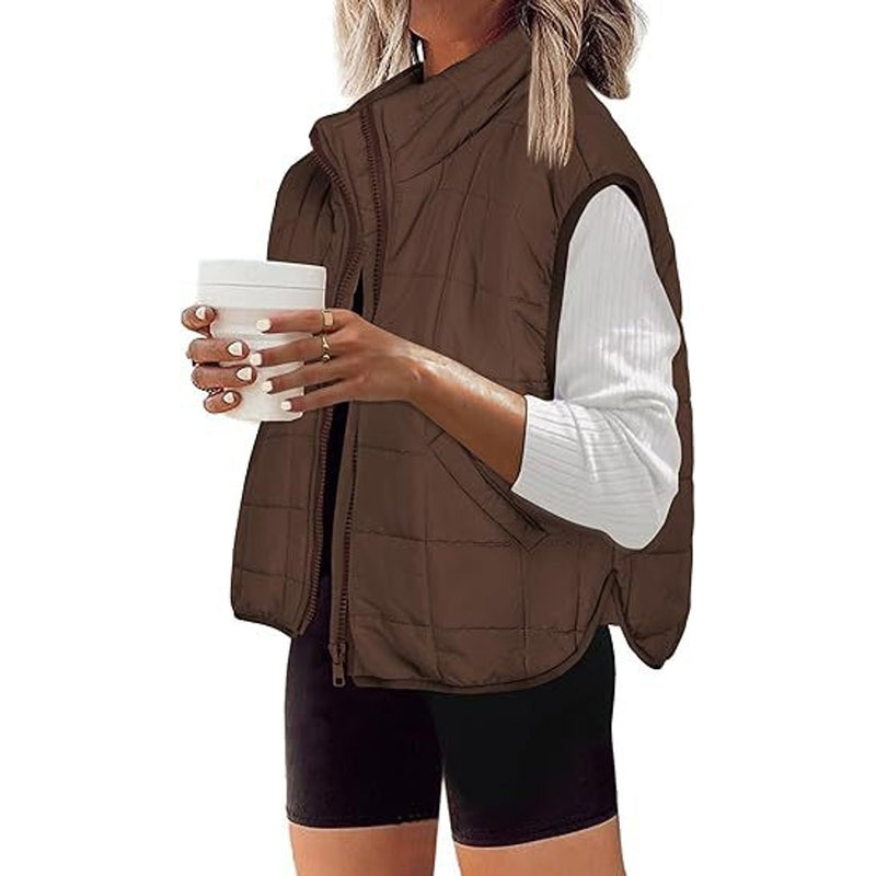Women's quilted zip vest with high collar