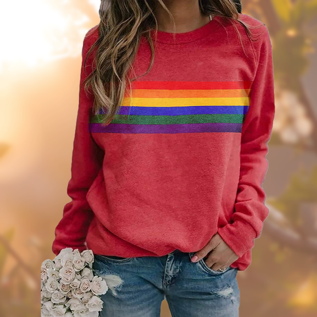 Women's red sweater with rainbow stripes