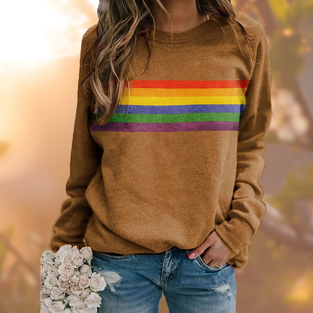 Women's brown sweater with rainbow stripe band