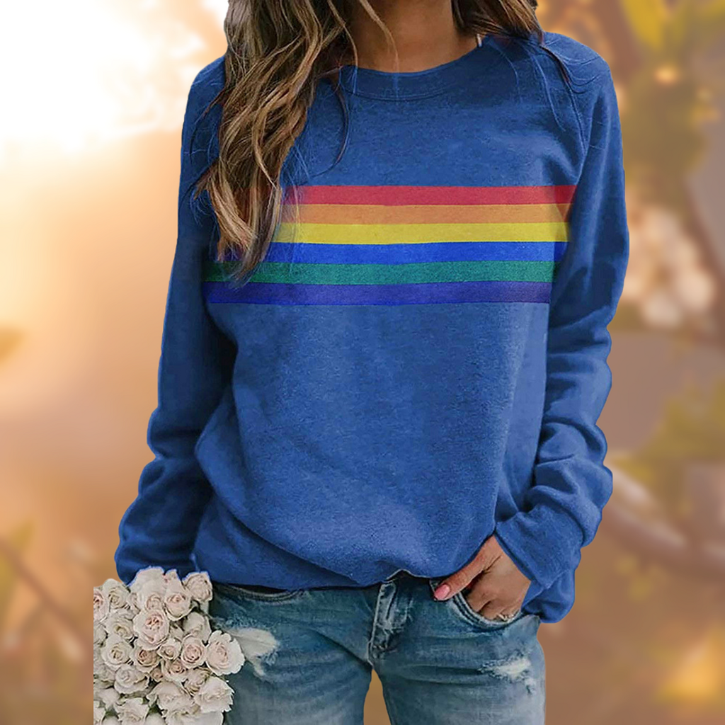 Women's blue round neck sweater with rainbow stripes