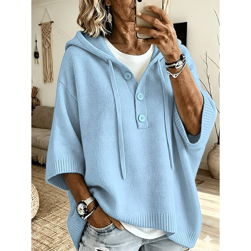 Women's Relaxed Hooded Knit Sweater with Button Placket