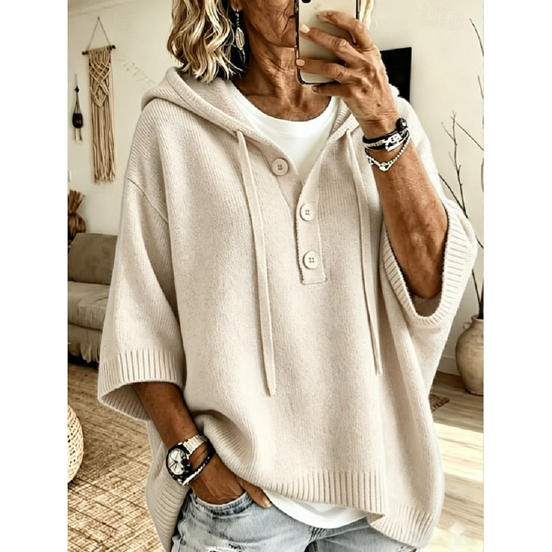 Women's relaxed hooded knit sweater in off white