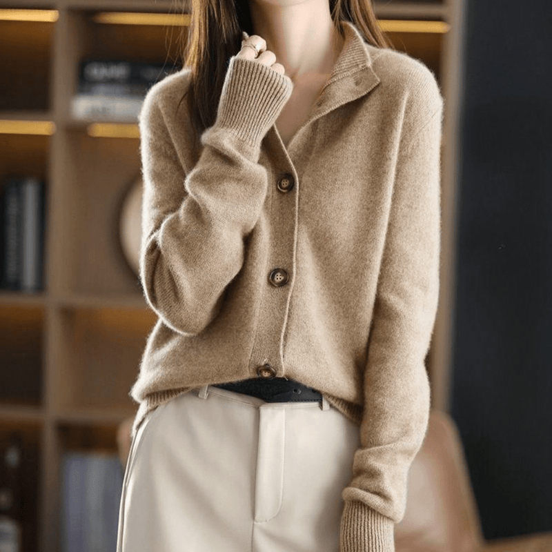 Woman wearing the khaki knit cardigan – front view