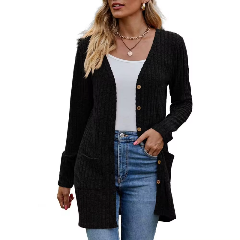 Women's ribbed open-front cardigan in black