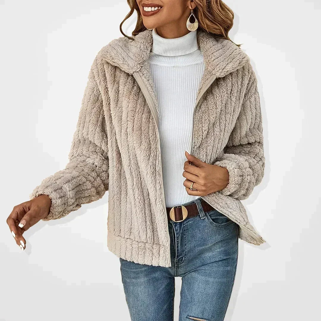 Women's beige ribbed teddy zip jacket