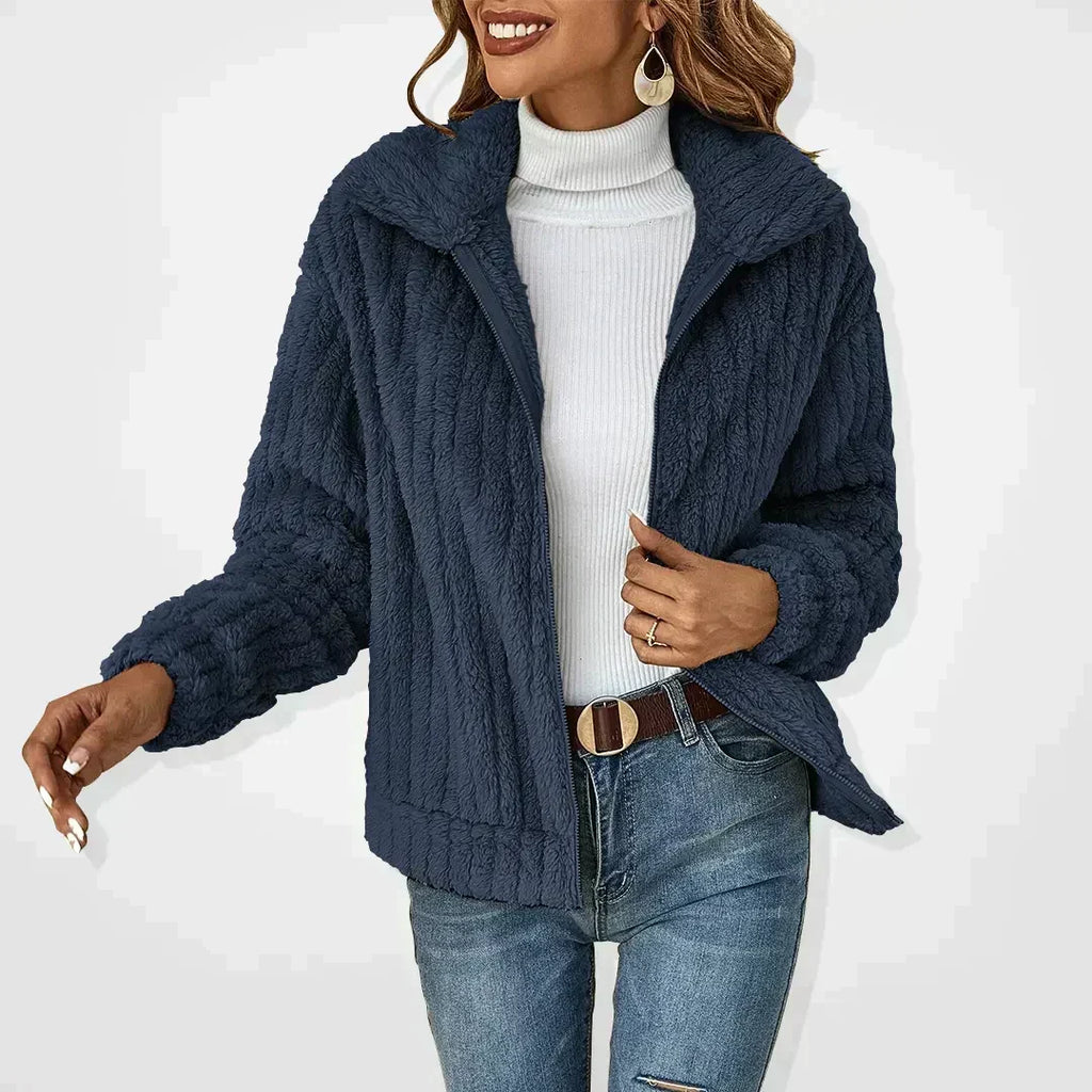 Women's navy blue teddy jacket with shirt collar