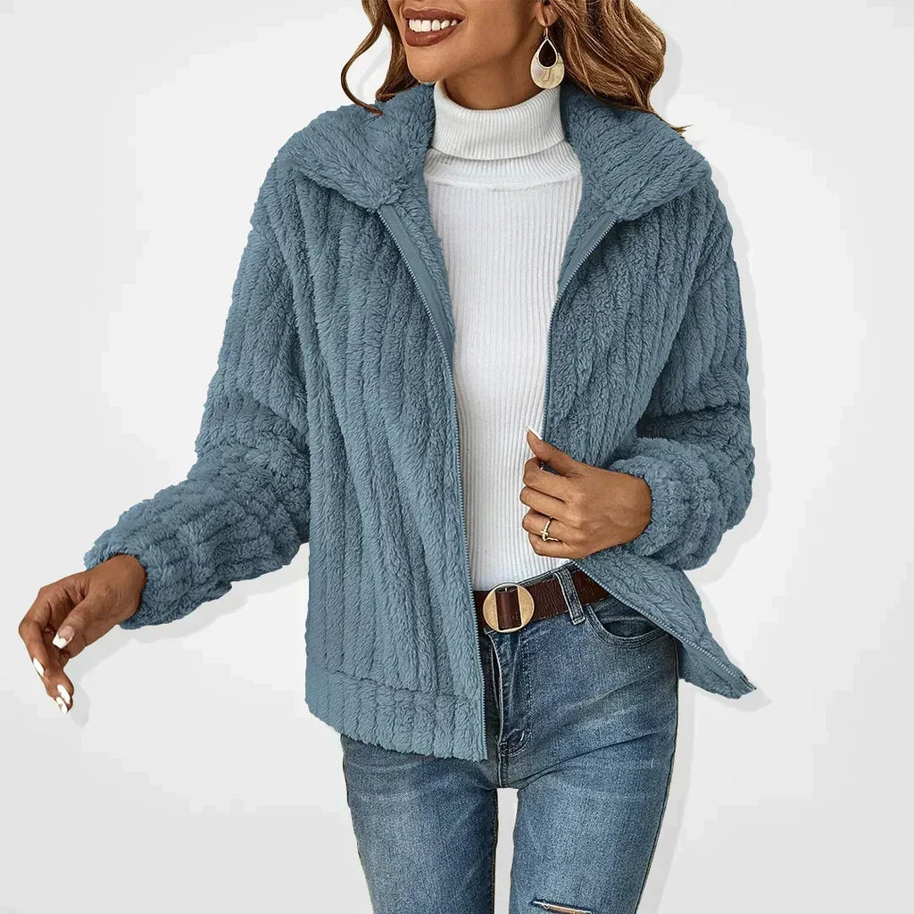 Women's blue ribbed teddy zip jacket